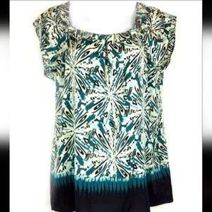 EUC Ann Taylor Outlet Blouse Womens Teal Black Ruched Neck Cap Sleeve